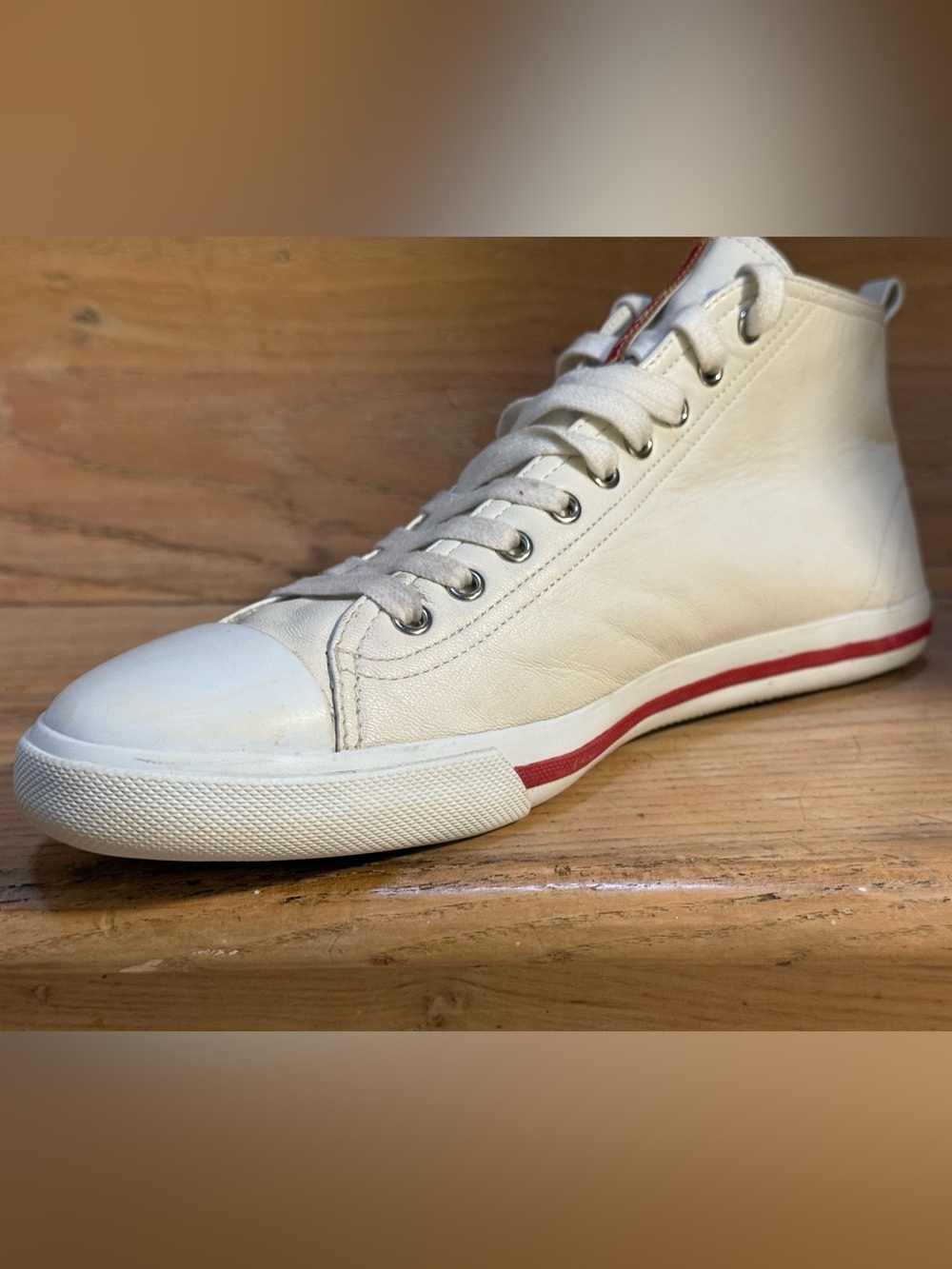Prada Men’s Linea Rossa Red Tab Leather Mid-top Sneakers (Off-white, 10US) - Picture 6 of 15